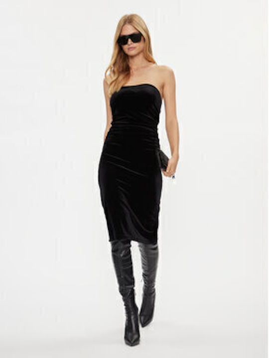 Midi Abendkleid Trägerlos Samt Schwarz