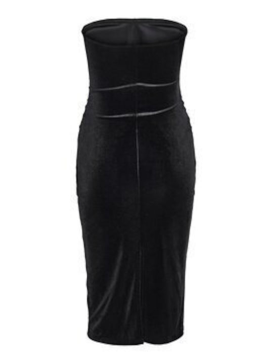 Midi Abendkleid Trägerlos Samt Schwarz