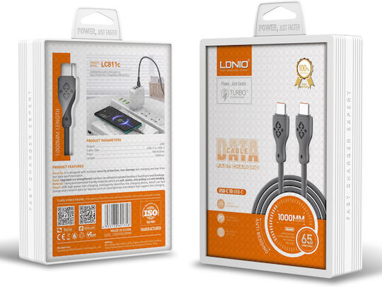 Ldnio LC811 USB 2.0 USB-C Male To USB-C 65W PD Gray 1m Cable
