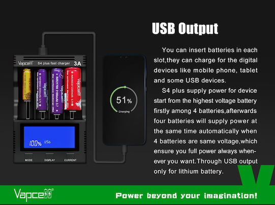 Vapcell S4 Plus V3.0 Charger 4 Batteries Li-ion/Ni-Cd/Ni-MH Size
