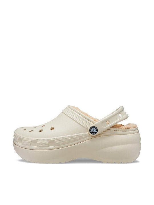 Crocs Classic Platform Lined Σαμπό με Γούνα Μπεζ