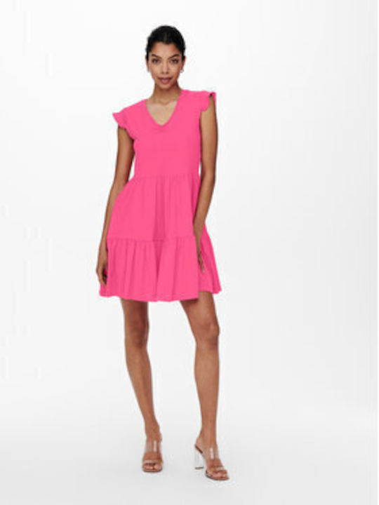 Only May Sommer Mini Kleid mit Rüschen Shocking Pink