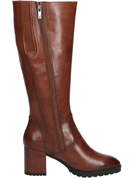 Caprice Leather Medium Heel Riding Boots Tabac Brown
