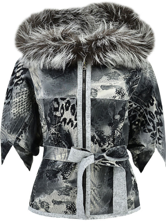 Δερμάτινα 100 Women's Leather Midi Coat with Zipper ,Hood and Fur