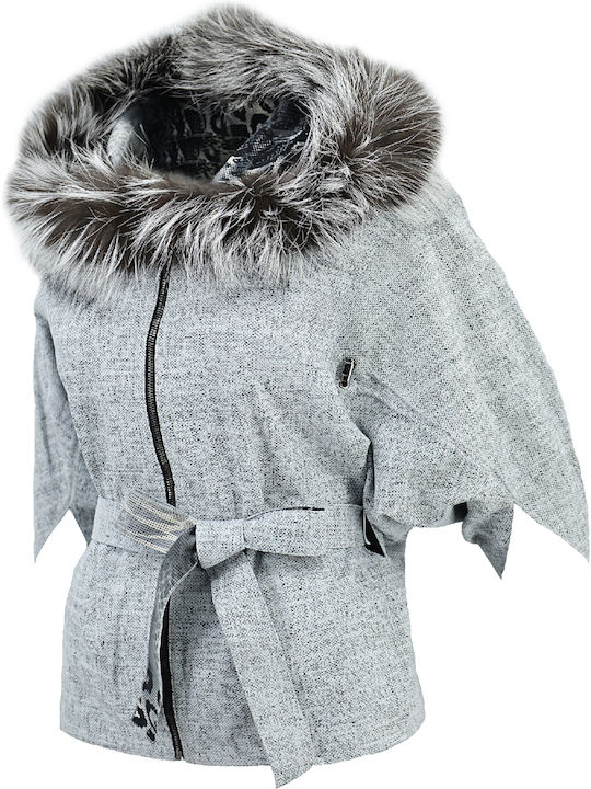 Leather Women's Gray Coat with Hood & Fur Details