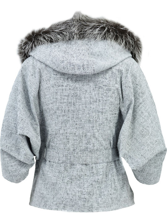 Leather Women's Gray Coat with Hood & Fur Details