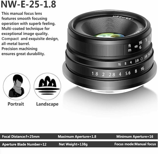 Neewer Crop Camera Lens 25mm F1.8 Fixed for Sony E Mount Black