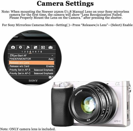 Neewer Crop Camera Lens 25mm F1.8 Fixed for Sony E Mount Black