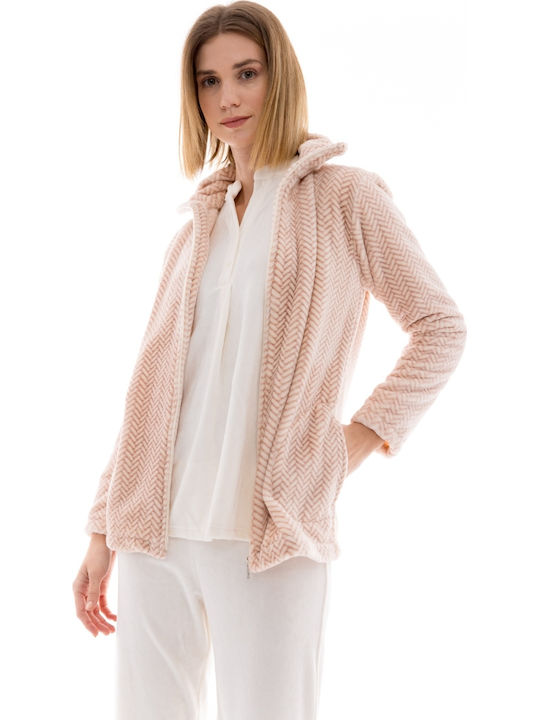 Pink Label Χειμερινή Γυναικεία Fleece Ρόμπα Εκρού (Ecru)