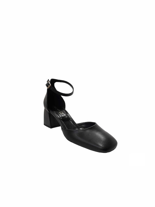 Beatris Leather Black Medium Heels with Strap