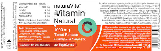 Natura Vita Vitamin C for Immune System Boost, the Skin & Antioxidant Action 1000mg 30 Tablets