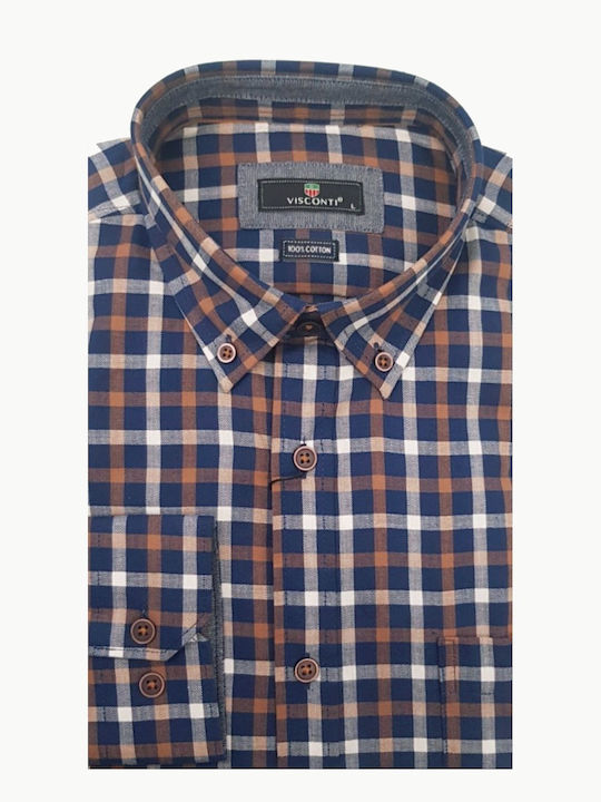 Visconti Men's Shirt Long Sleeve Cotton Checked Blue