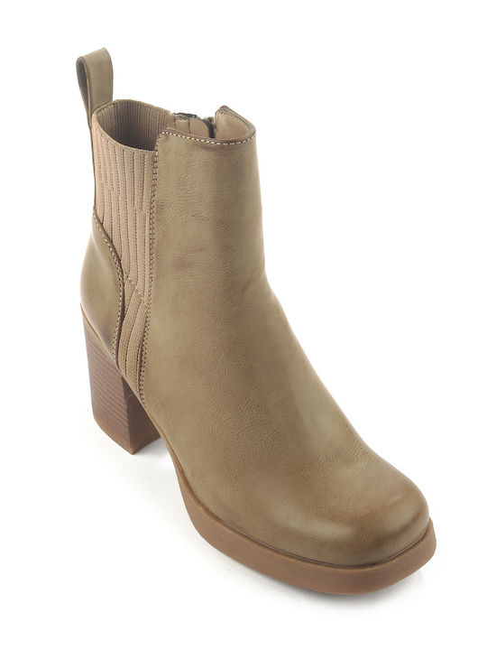 Fshoes Damen Chelsea Stiefeletten mit hohem Absatz Beige