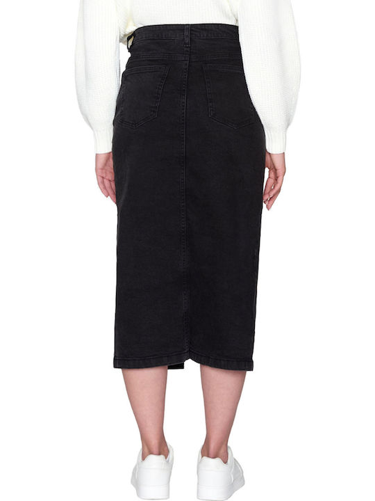 Sisters Point Denim High Waist Midi Skirt in Black color