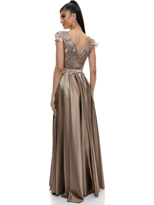 Rochie Maxi Pentru Nuntă / Botez Satin Cu Dantelă Aurie