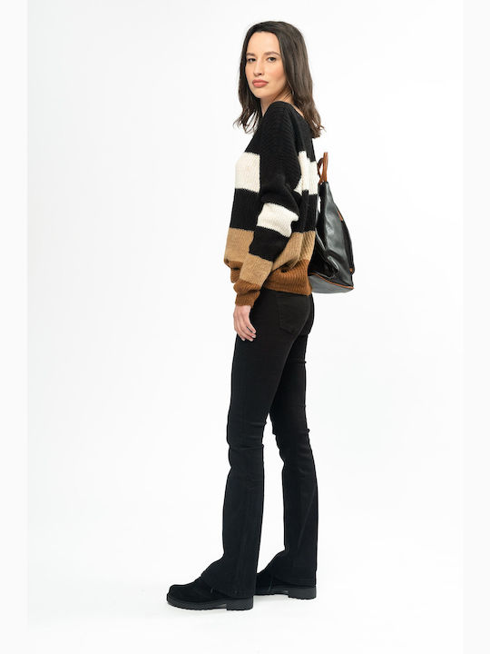 E-shopping Avenue Women's Long Sleeve Sweater with V Neckline Striped Black