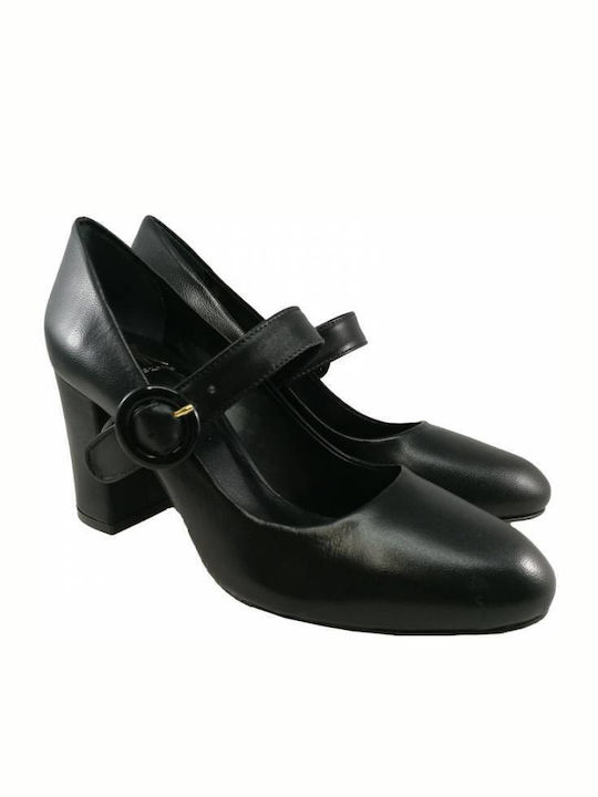 Leather Black High Heels with Strap