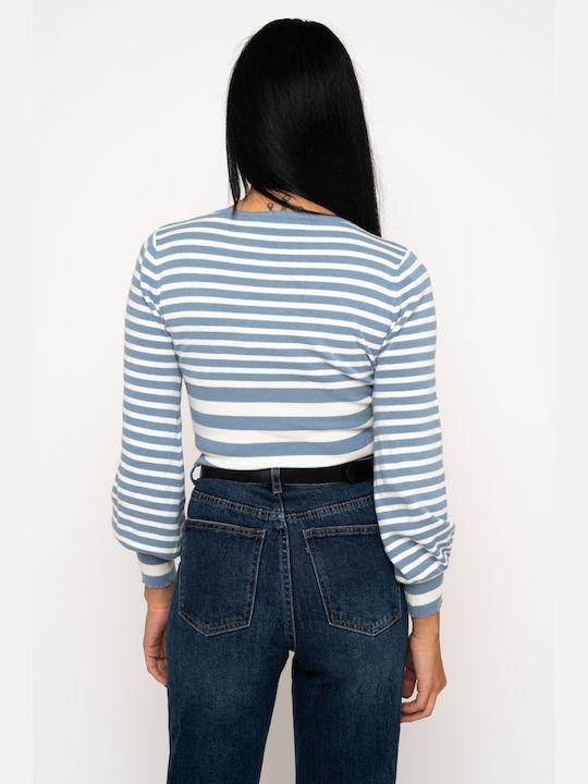 E-shopping Avenue Women's Long Sleeve Crop Sweater Striped Light Blue