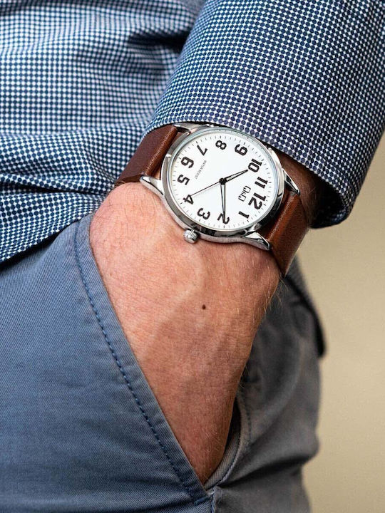 Q&Q Ανδρικό Ρολόι 40mm Μπαταρίας με Καφέ Δερμάτινο Λουράκι