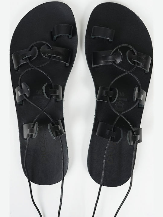 Leather Women's Flat Sandals in Black Color