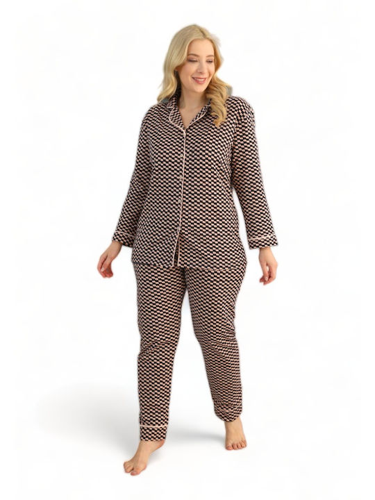 Siyah Inci Winter Women's Pyjama Set Cotton Black Plus Size