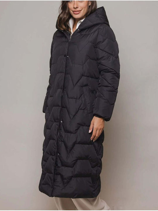 Women's Long Puffer Jacket for Winter with Hood Black