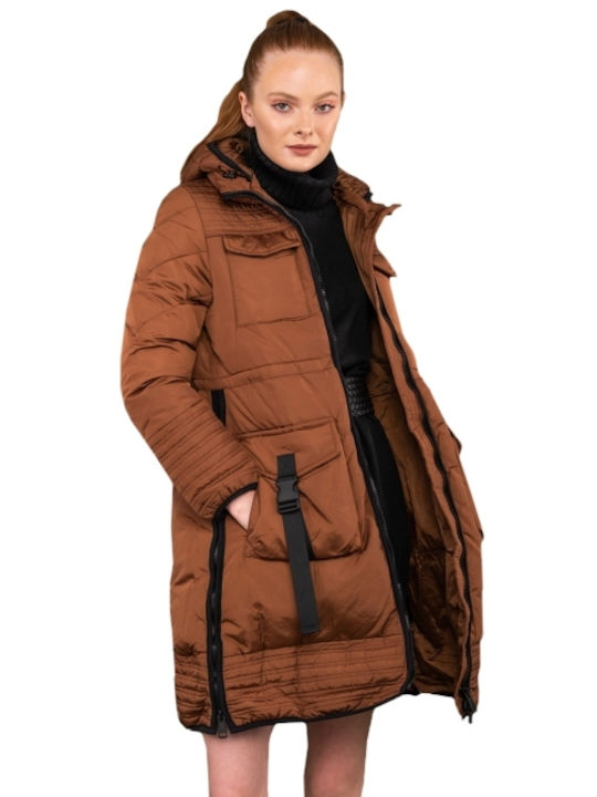 E-shopping Avenue Women's Long Puffer Jacket for Winter with Hood BROWN