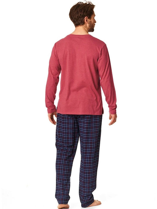 Key Men's Winter Cotton Checked Pajamas Set Red