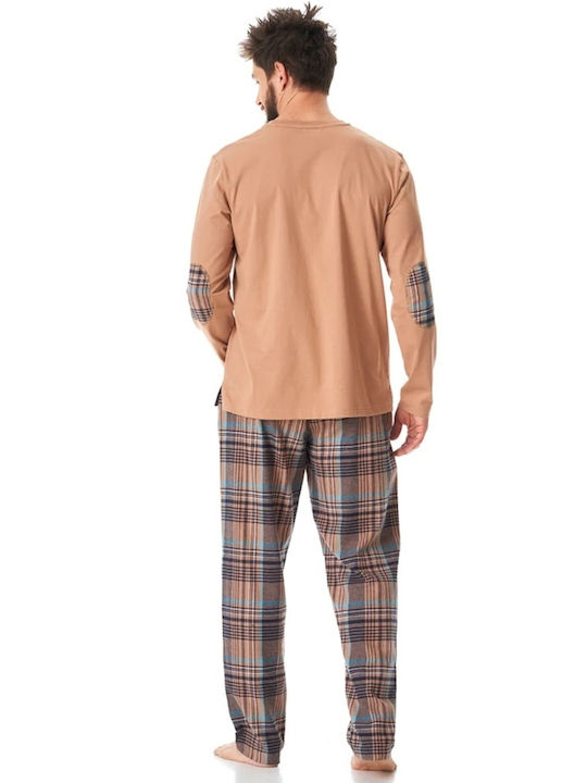 Key Men's Winter Cotton Checked Pajamas Set Brown