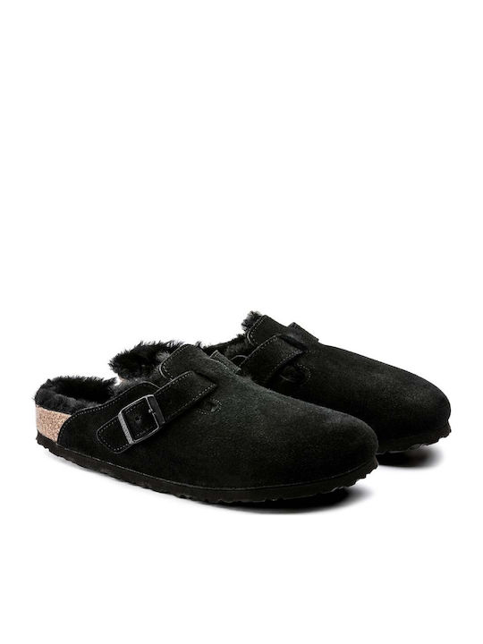 Boston Suede Shearling Anatomical Women's Slippers with Fur Black Narrow Fit