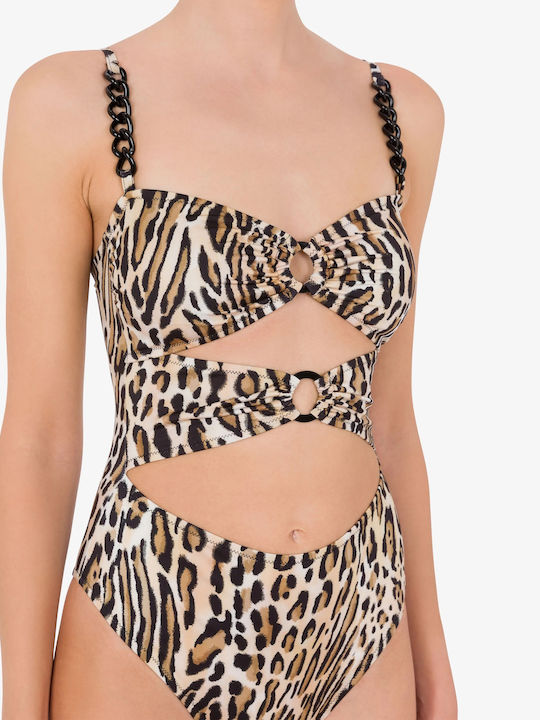 Swimsuit with Openings Animal Print Black