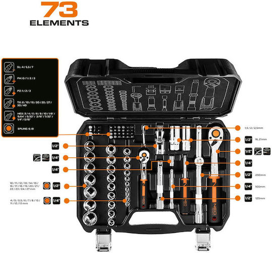Neo Tools Set Ratchet 1\2" & 1\4" 73pcs