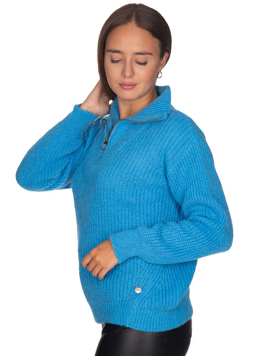 Vera Women's Blouse Long Sleeve with Zipper Blue turquoise