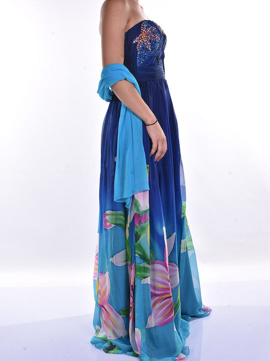 Summer Maxi Dress for Wedding - Christening Strapless Blue