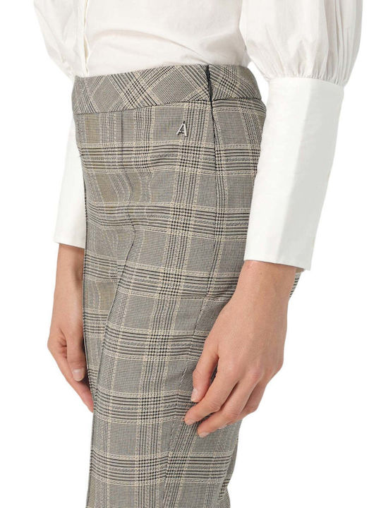Women's High-waisted Fabric Trousers Checked Beige