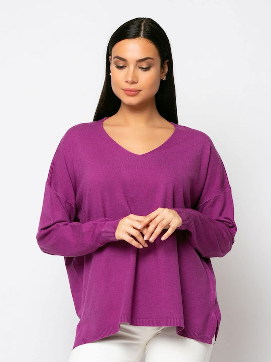 Soft Textured Knit with V - Purple - W-8180 Noobass