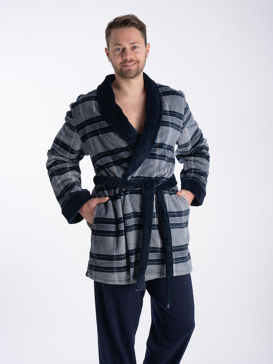 Relax Lingerie Men's Winter Checked Pajama Robe Navy Blue
