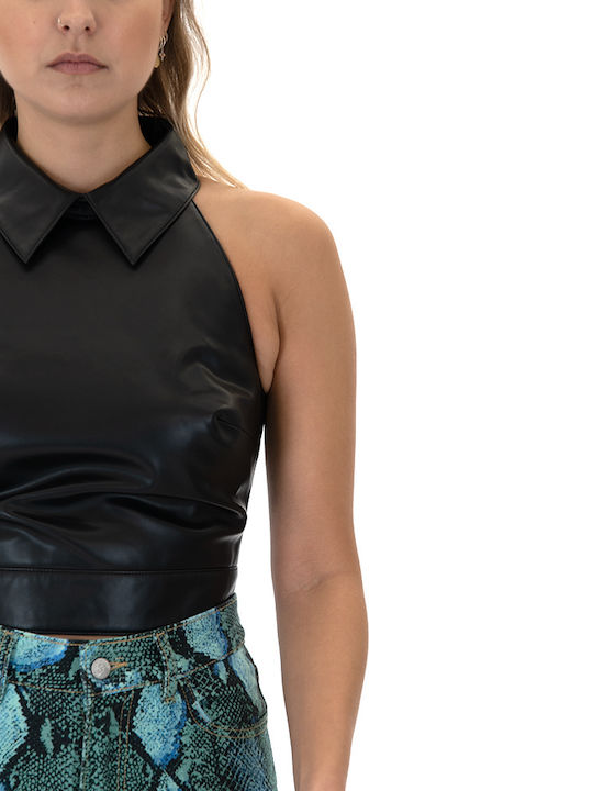 Γυναικείο Crop Top Δερμάτινο Αμάνικο με Φερμουάρ Μαύρο