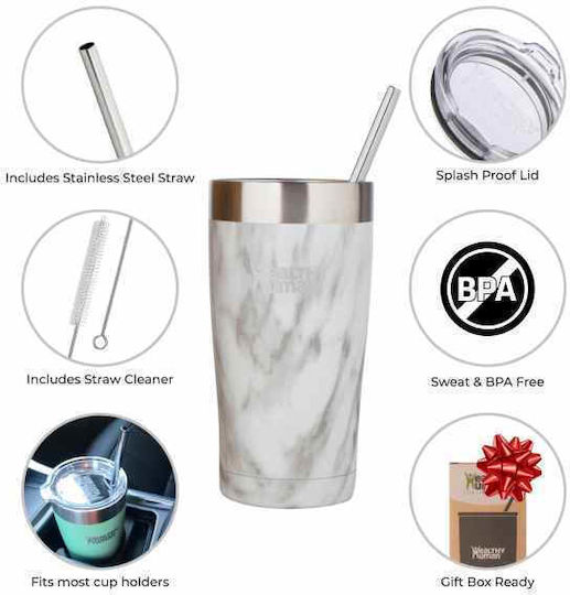 Healthy Human Cruiser Glass Thermos Stainless Steel BPA Free 354ml White with Straw