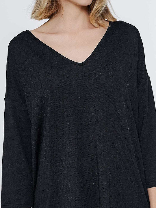 Γυναικεία Μπλούζα με Μανίκι 3/4 & V Λαιμόκοψη Black Lurex