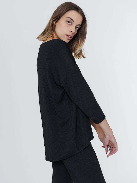 Γυναικεία Μπλούζα με Μανίκι 3/4 & V Λαιμόκοψη Black Lurex