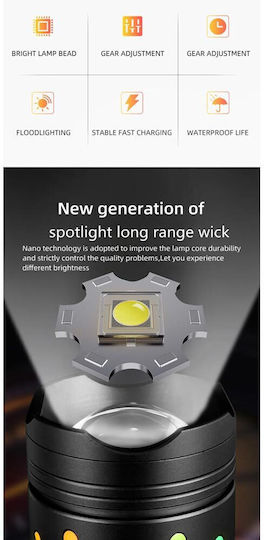 Rechargeable Flashlight LED with Maximum Brightness 4000lm Black