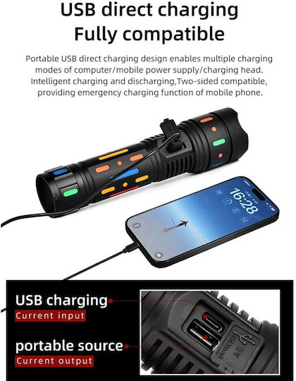 Rechargeable Flashlight LED with Maximum Brightness 4000lm Black
