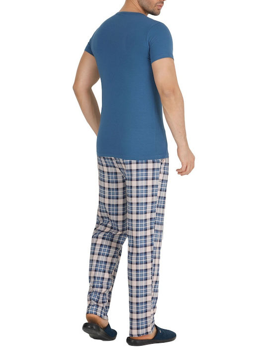 Teknur Men's Summer Cotton Checked Pajamas Set Light Blue