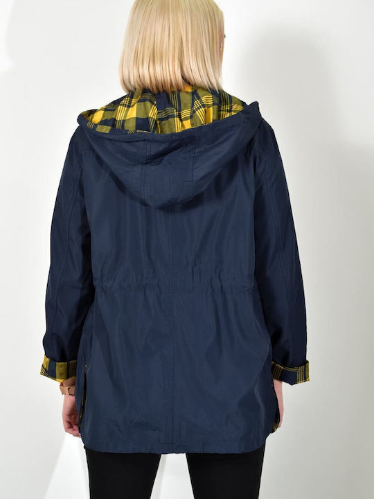 Potre Damen Geprüft Dark Blue Trenchcoat mit Kapuze 22453