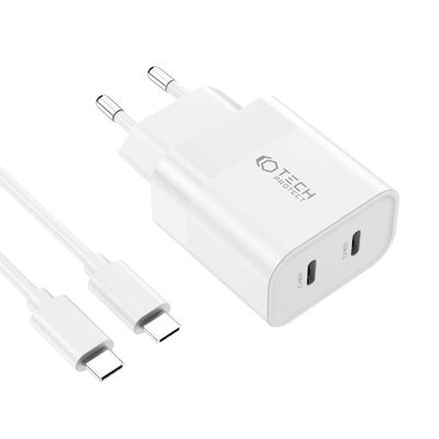 Tech-Protect Încărcător cu 2 Porturi USB-C și Cablu USB-C 20W Livrarea energiei Albς (C20W)