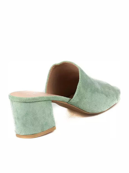 Leder Mules mit Chunky Hoch Absatz in Grün Farbe