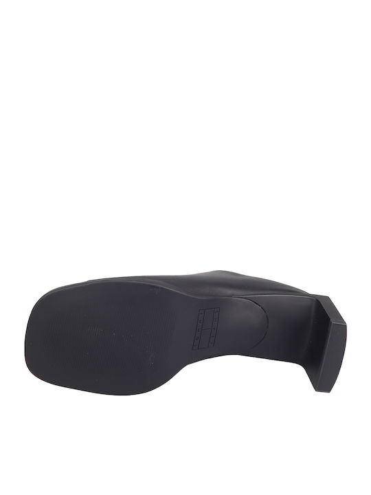 Leather Mules with Chunky High Heel in Black Color