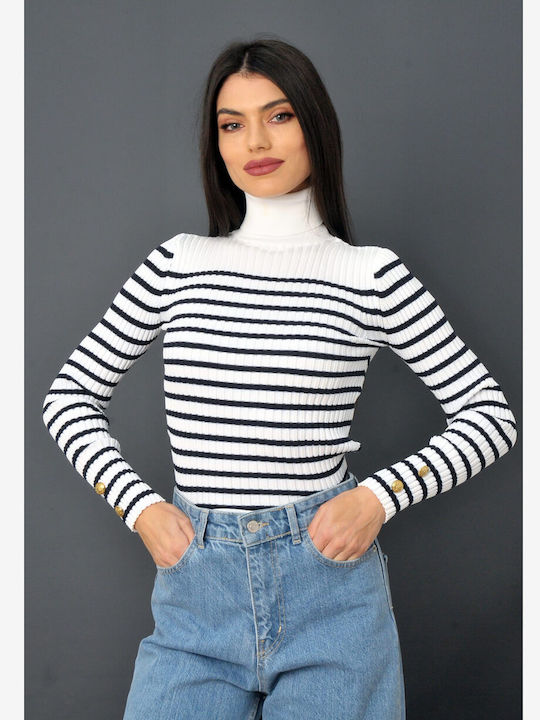 Olian Women's Long Sleeve Sweater Turtleneck Striped White/Blue