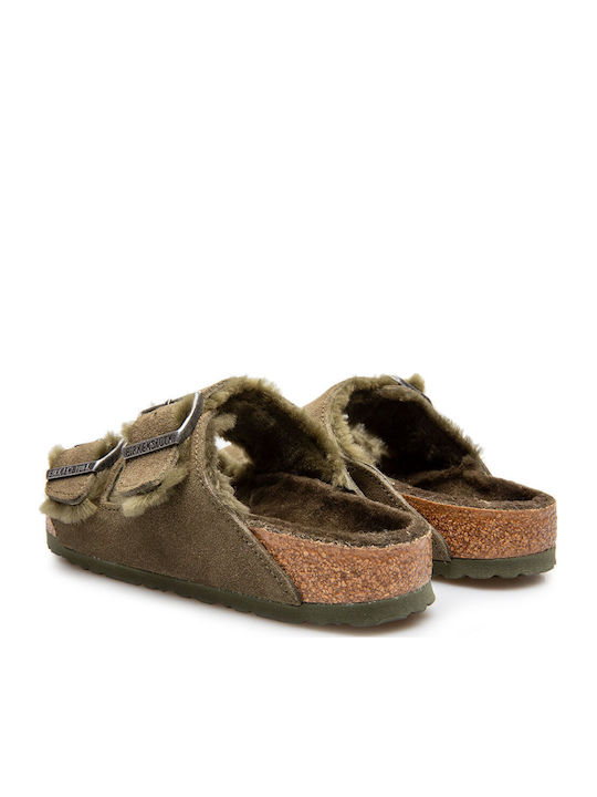 Arizona Shearling Women's Flat Sandals in Khaki Color Narrow Fit